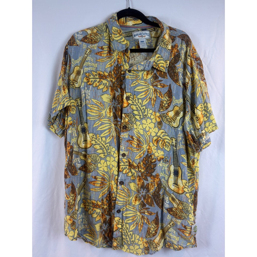 Margaritaville Mens XXL‎ Hawaiian Shirt Blue Yellow Ukulele Floral Rayon Aloha